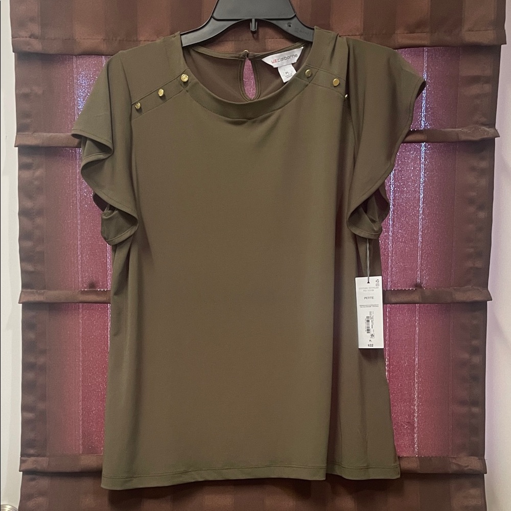 Liz Claiborne Khaki Blouse with Ruffle Sleeves